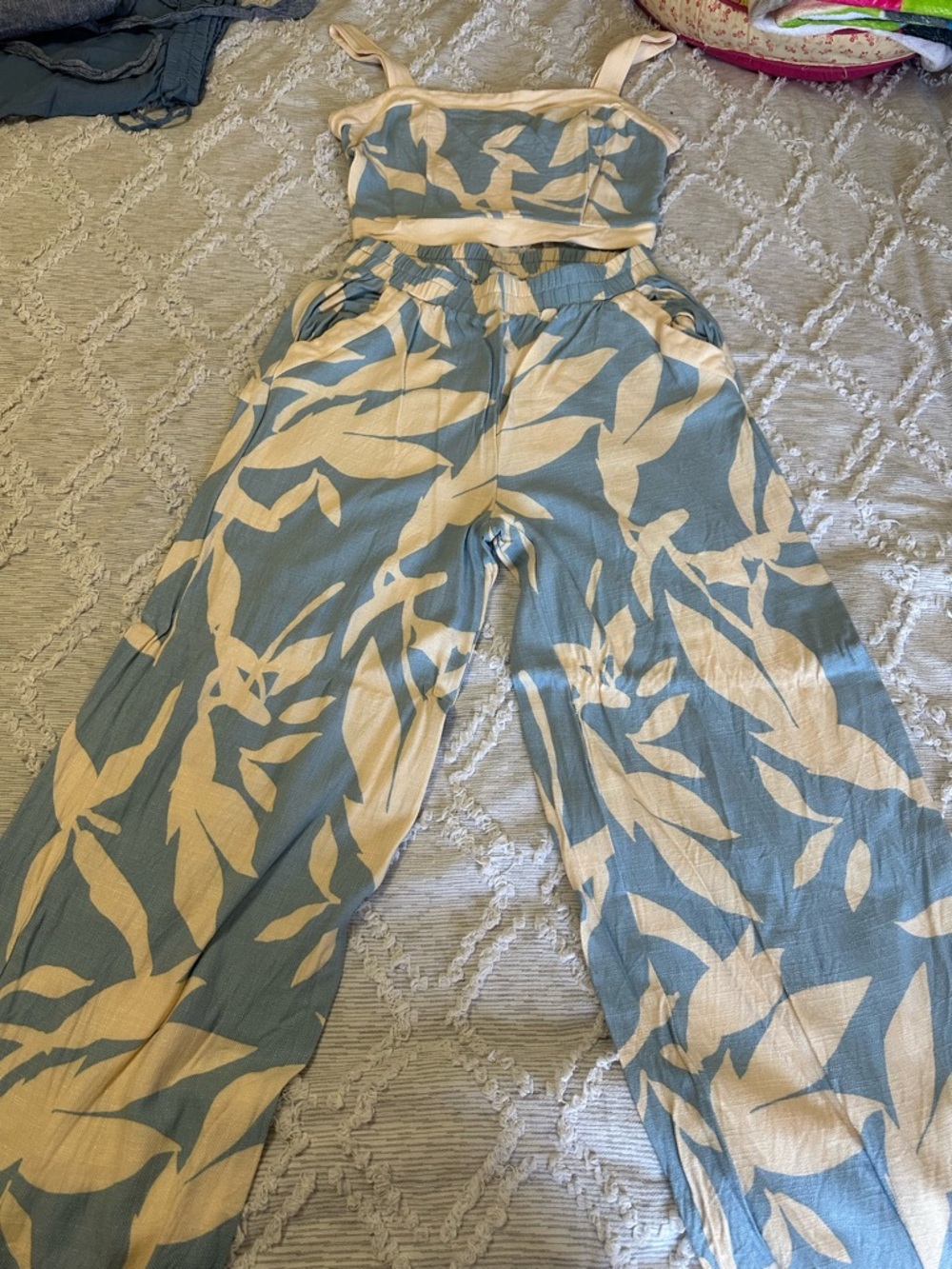 Sienna Sky Blue & Cream Leaf-Print Wide Leg 2 piece set